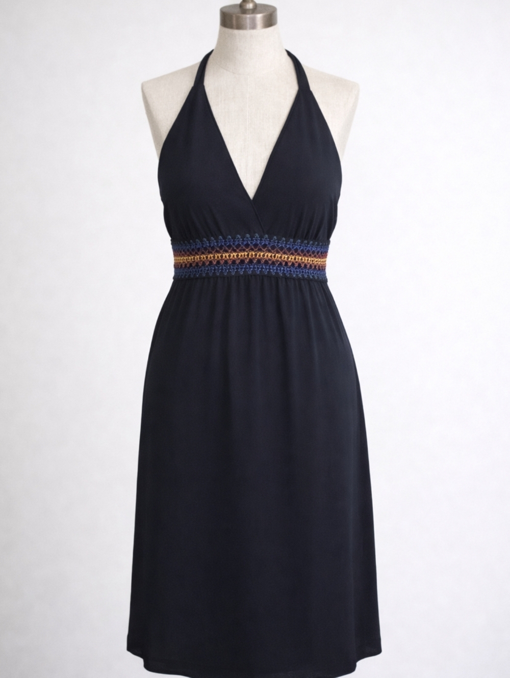 Vintage Y2K Black Halter Dress Embroidered Smocked Empire Waist Large